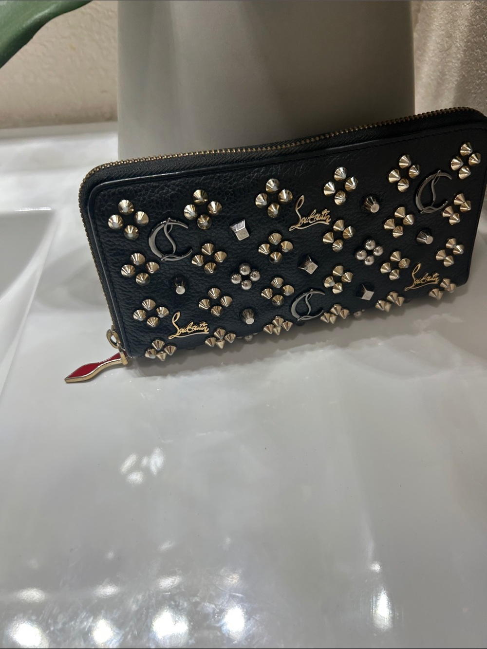 Christian Louboutin Black Leather Zip Around Wallet with Gold Studs Gorgeous
